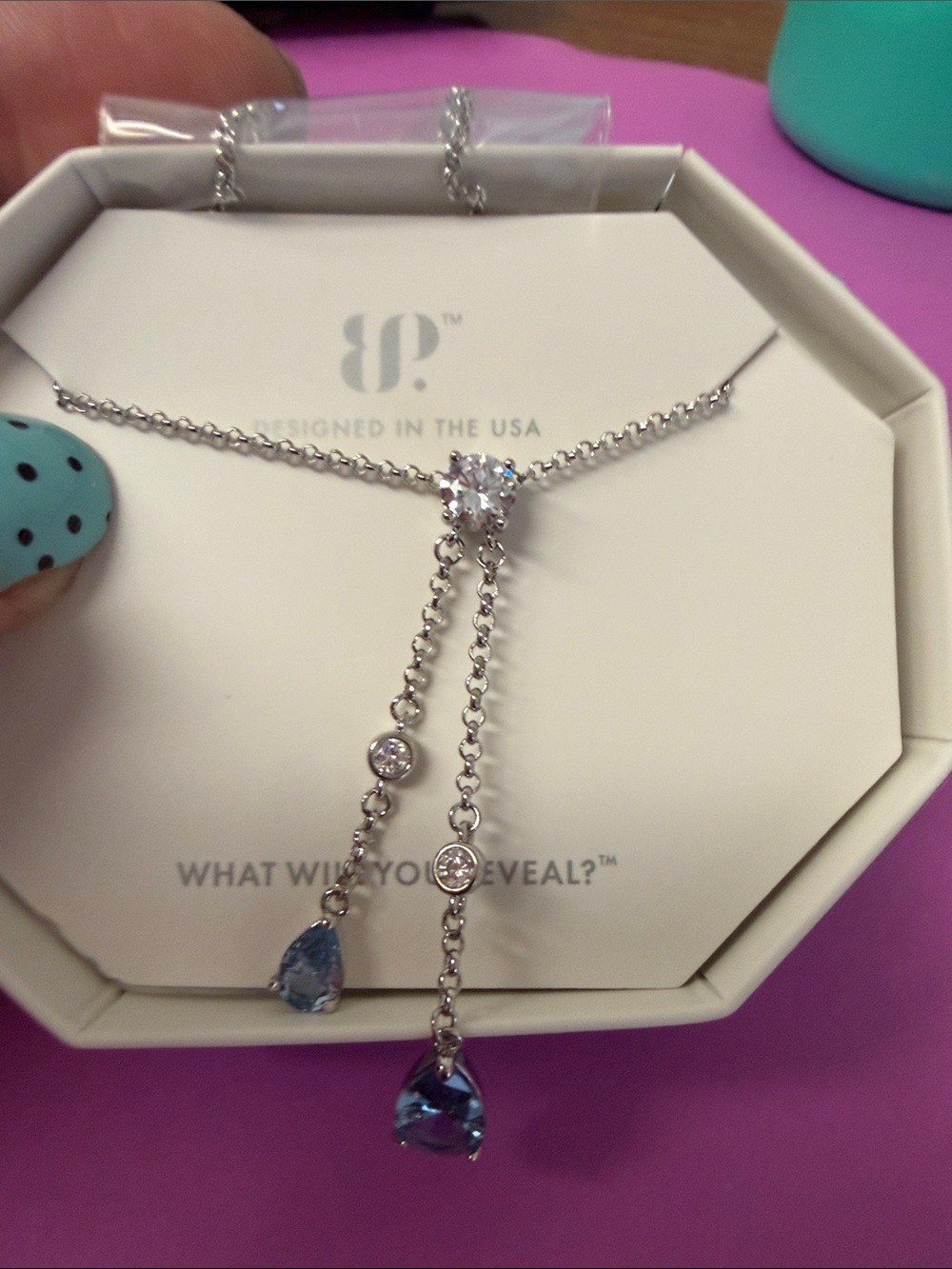 Bomb Party Sterling-Style Silver Lariat Necklace with Blue Teardrop Pendants